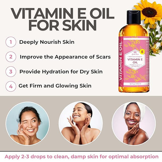 Leven Rose Bulk Vitamin E Oil 75,000 IU per oz 100% Natural, Organic, Pure Vitamin E Oil for Skin, Face, Hair, and Nails, 16 oz