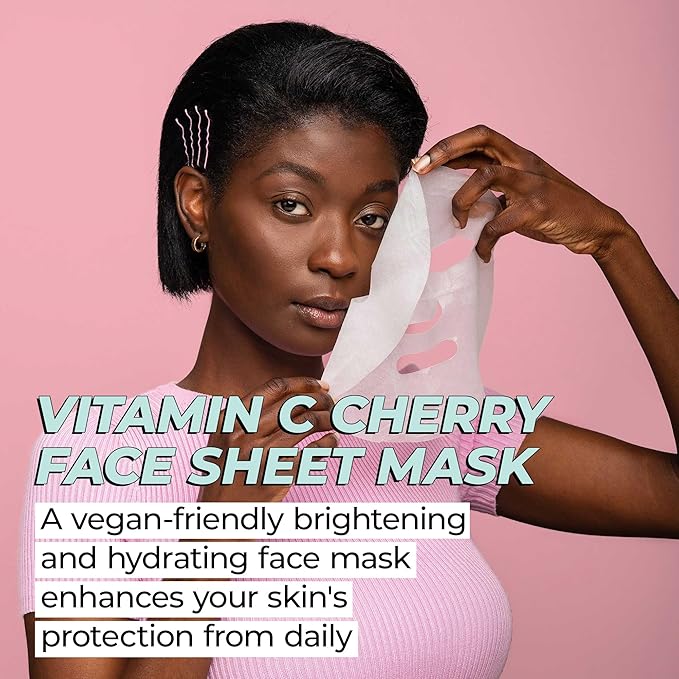 Vitamasques Vitamin C Cherry Face Sheet Mask 7 Pack - Brightens, Protects & Boosts Hydration with Antioxidants, Vitamin C and Ferulic Acid - Natural - Vegan - Korean Skin Care