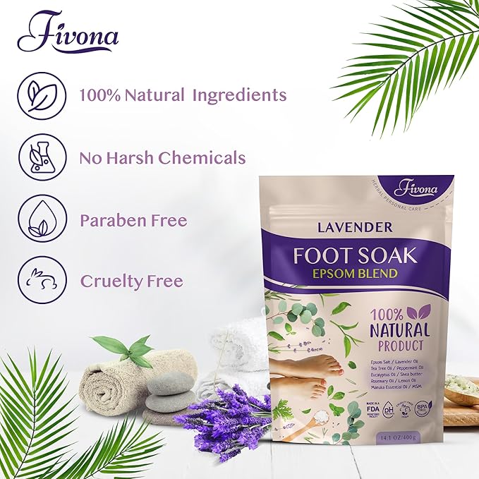 Fivona Foot Soak Blend Epsom Salt with Lavender 14.1 oz - Calming Foot Bath Salt, Relax & Renew Tired Feet, Soothe Soreness, Soften Calluses - Rejuvenating Pedicure Spa at Home