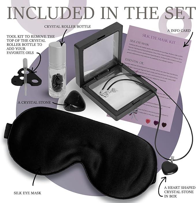 Silk Sleep Mask Black - Organic Mulberry Silk Hypoallergenic Sleeping Mask Gift Set with Obsidian Pendant Necklace, Essential Oil Roller Bottle, and Black Obsidian Crystal Kit Meditation