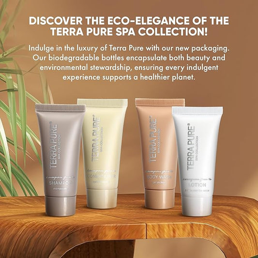 Terra Pure Spa Collection Bulk Set Toiletries | 1-Shoppe Amenities Kit for Hotels & Vacation Rentals | 0.85 oz Shampoo, Conditioner, Body Wash & Lotion | 80 Pieces