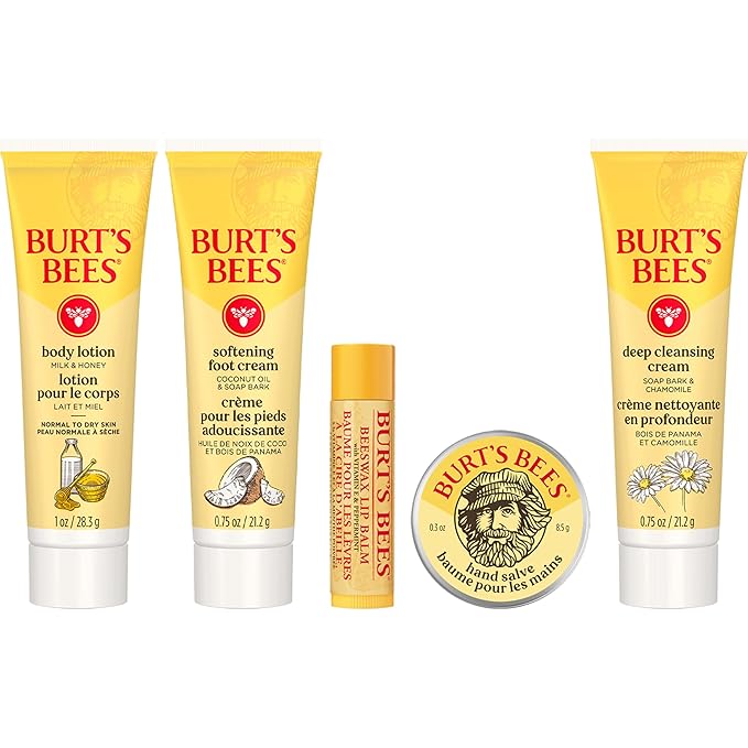 Burt's Bees Gift Ideas - Essentials Everyday Set, 5 Travel Size Products - Deep Cleansing Cream, Hand Salve, Body Lotion, Foot Cream and Original Lip Balm