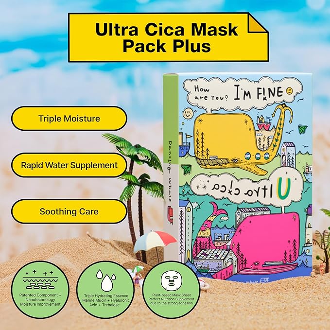 Ultra Cica Mask Pack Plus - Korean Beauty Face Mask - K-beauty Sheet Mask - Soothing Hydrating - Green Cica Recovery - 10 Sheets (28g each)