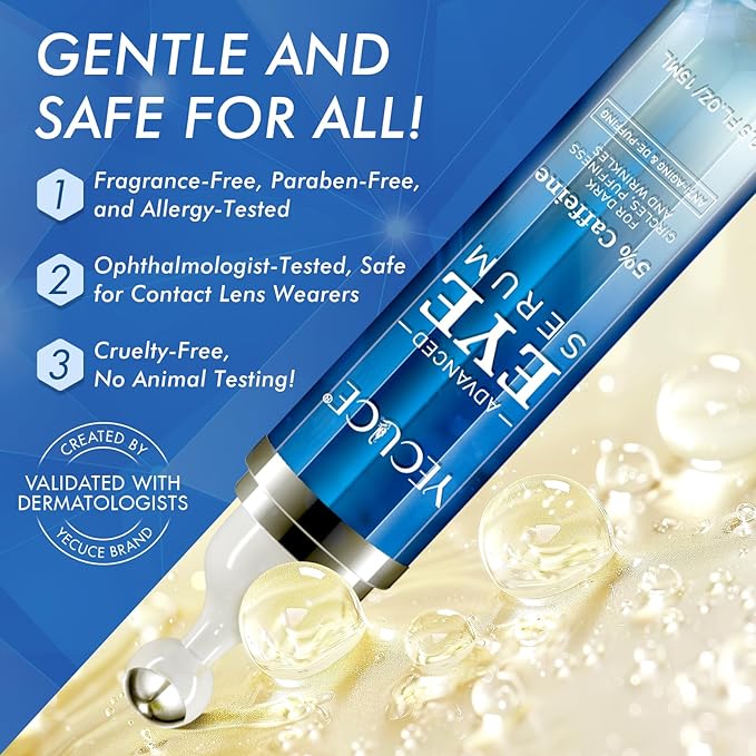 5% Caffeine Peptide Eye Serum, Under Eye Roller Cream for Dark Circles, Puffiness, Bags Under Eyes - 360° Massage Ball Cream for Wrinkles, Fine Lines and Firming (Blue)