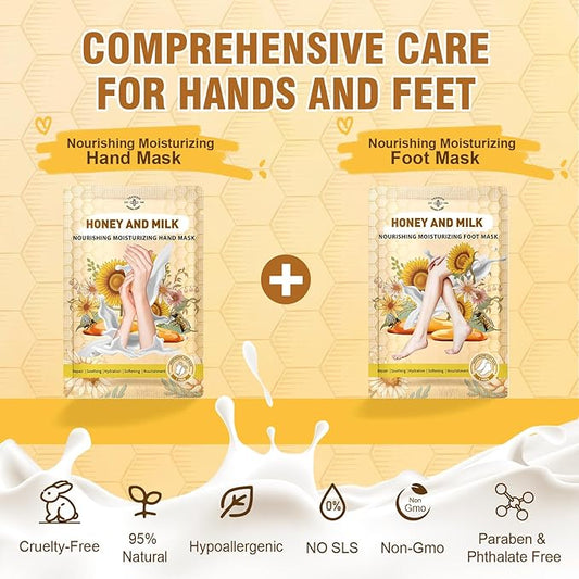 Hydrating Hand and Foot Mask, 3 Foot & 3 Hand Mask, Hand and Foot Care After Pedicure, Moisturizing Socks for Dry, Cracked Heel, Foot Spa, Honey & Milk, Vitamin E