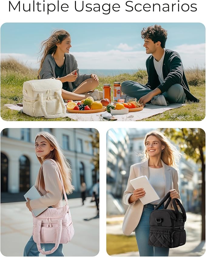 BAGSMART Lunch Bag Women, Double Deck Insulated Lunch Box, Quilted Puffer Lunch Tote, Leakproof, Durable & Reusable Large Lunch Cooler For Work Picnic Travel Meal Prep, Black