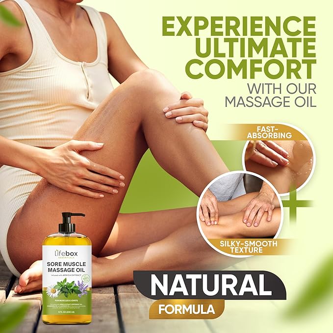 Arnica Sore Muscle Massage Oil – 100% Pure & Natural - Massage Therapy for Muscles & Joints – Body Oil Infused with Arnica Extract, Lavender Oil, Peppermint Oil & Chamomile Oil – 8 FL OZ