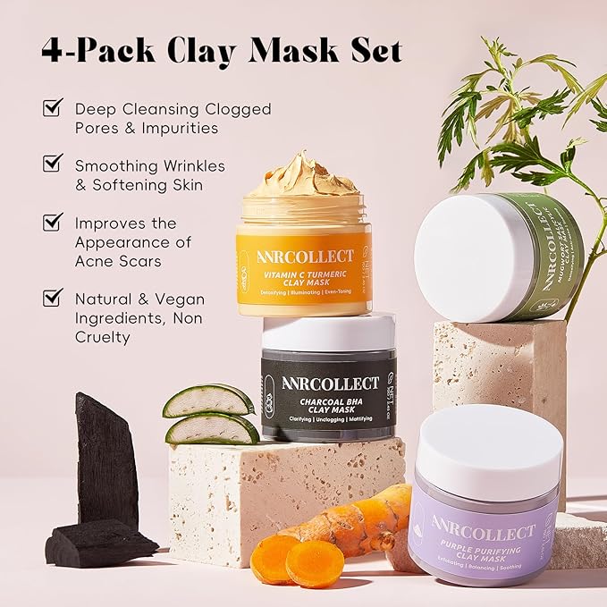 Face Mask Set, 4Pcs Clay Mask, Face Masks Skin Care with Vitamin C, Charcoal, Mugwort and Purple Clay, Skincare Gift Set for Blackheads, Refining Pores & Controling Oil, Dry Oily Skin