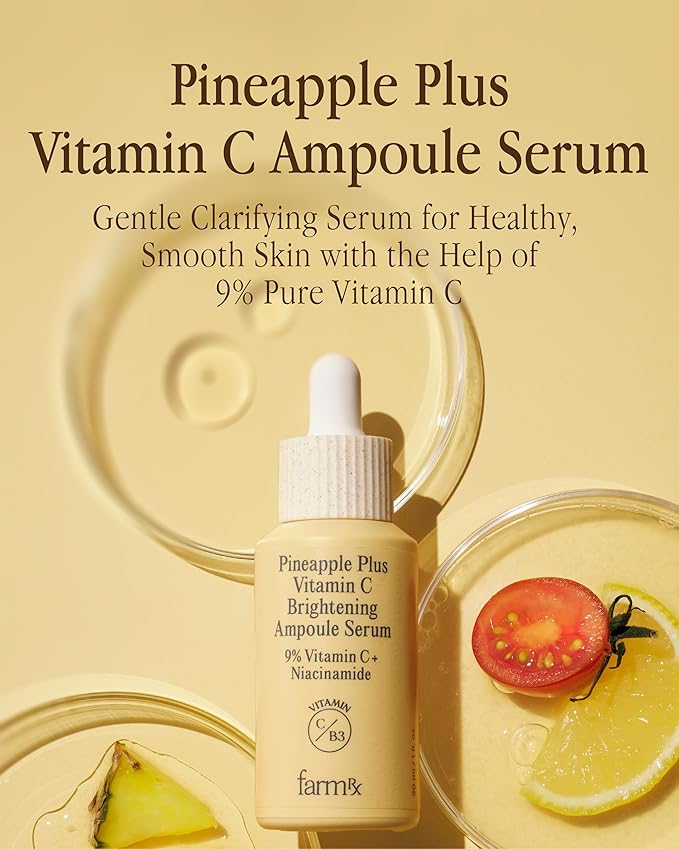 Farm Rx Pineapple Plus Vitamin C Ampoule Serum (1fl oz) - Korean skincare vegan serum infused with 9% pure Vitamin C and pineapple extract to even, hydrate skin tone,