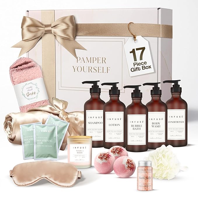 17-Piece Luxury Gift Set with Robe | Complete White Tea & Coconut Bath Collection | Self-Care Kit with Bath Bombs, Face Masks & Hair Care | Bridesmaid, Mom, Wife, Grandma or Loved Ones