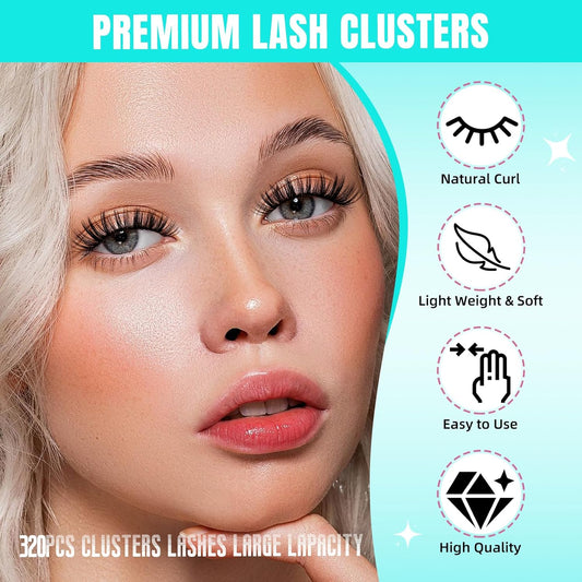 Lash Clusters Wispy 320PCS Eyelash Extension 40D 50D Cluster Lashes Individual Lashes DIY Lash Extension Natural Look Cluster Eyelash Extensions Soft False Eyelashes at Home for Beginners(D-Mix9-16mm)
