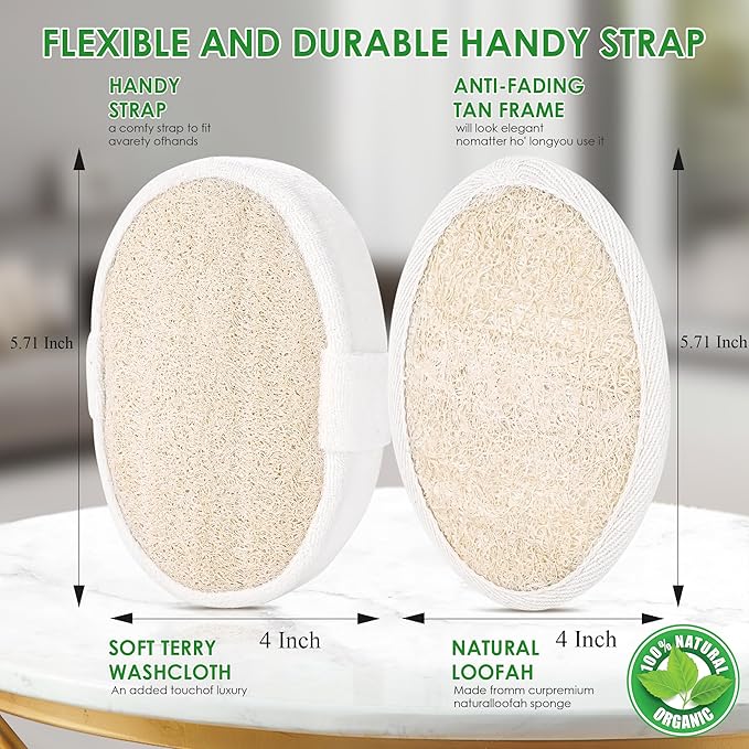 Natural Loofah Sponge Exfoliating Body Scrubber, Organic Biodegradable Bath Shower Scrub for All Skin Types, Men Women (2 Pack)