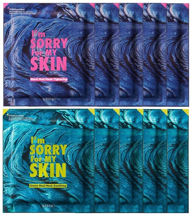I'M SORRY FOR MY SKIN Bentonite Clay Mud Sheet Masks Set, Korean Skin Care, Exfoliating Face Masks with Volcanic Ash, Sebum Control, Pore Minimizer, Tightening, Soothing (Black 5pcs & Green 5pcs)