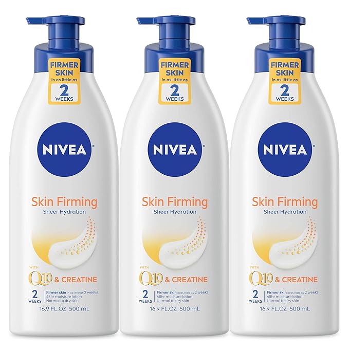 NIVEA Skin Firming Sheer Hydration Body Lotion with Q10 and Creatine, Skin Firming Lotion Pack, 16.9 Fl Oz Pump Bottle, Pack of 3