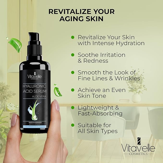 Hyaluronic Acid Serum with Aloe Vera – Anti Aging Aloe Hyaluronic Acid Face Serum – Postbiotic Hyaluronic Acid Moisturizer and Hydrating Serum – No Parabens or Irritants – Skin Serum by Vitavelle