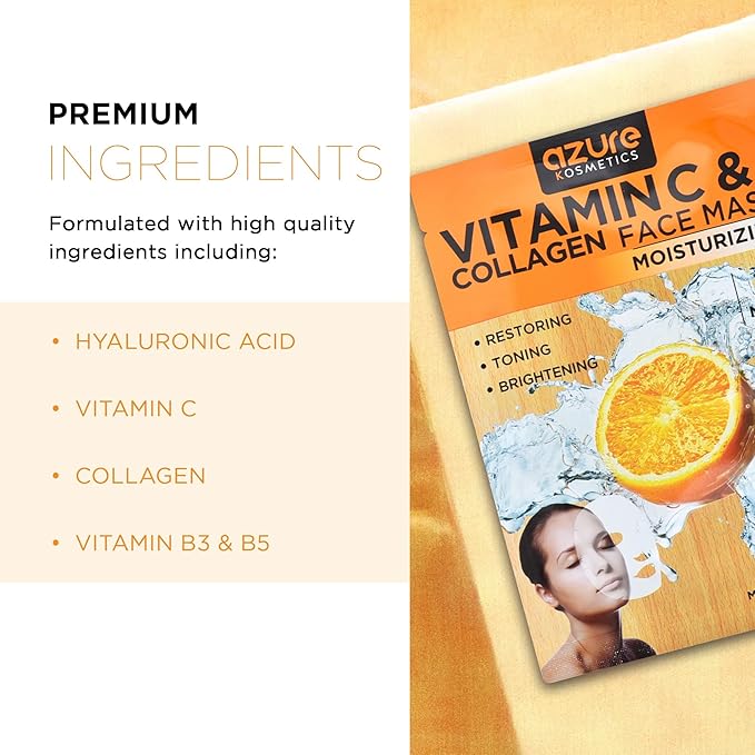 AZURE Vitamin C & Collagen Moisturizing Facial Mask - Anti Aging, Deeply Moisturizing & Firming - Skin Care Made in Korea - 10 Pack