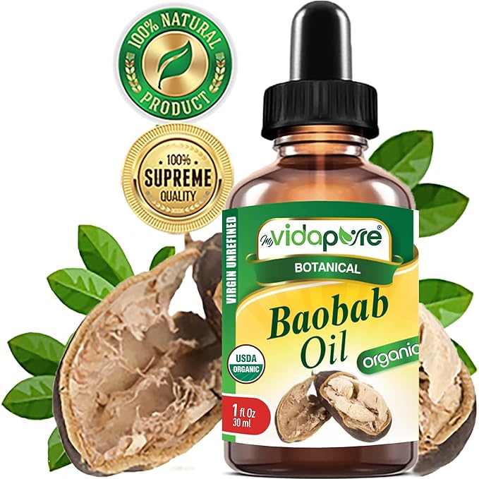 MYVIDAPURE Organic BAOBAB OIL Certified Organic 100% Natural Pure VIRGIN UNREFINED. 1 Fl.oz.- 30 ml. For Skin, Face, Hair, Lip and Nail Care