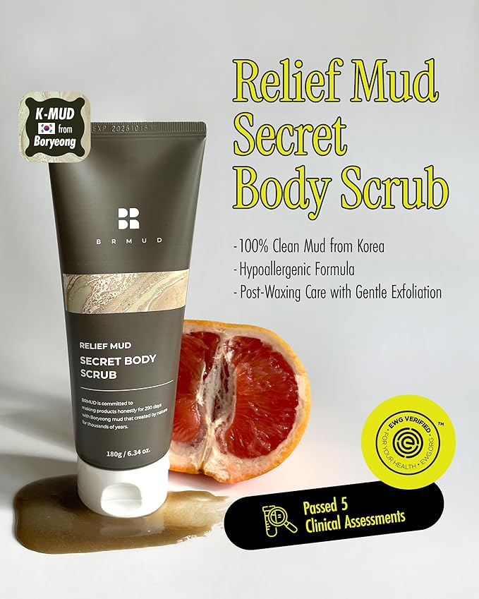 Relief Mud Secret Body Scrub | Korean Body Wash Scrub Exfoliator for Ingrown Hair & Razor Bumps | After Waxing Care Feminine Wash w/Brown Sugar | for Sensitive Skin (6.34 fl oz)