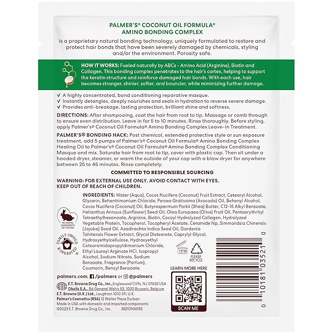 Palmer's Amino Bonding Complex Hair Mask, Intense Conditioning Masque Pack with Coconut Oil & Vitamin E, Heat Protectant, Anti Frizz, Adds Shine, Protects Hair Growth, All Hair Types, 2.1 oz packette