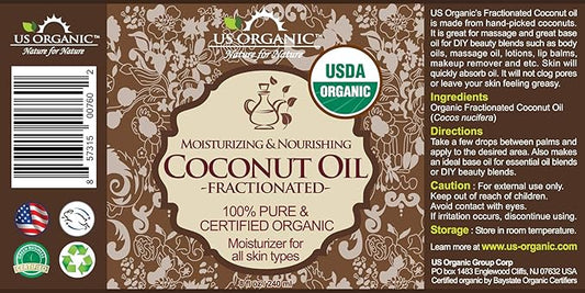 US Organic Fractionated Coconut MCT Oil (Liquid Coconut Oil), USDA Certified Organic, Non-GMO, Perfect for massage, carrier oil for DIY blends, Hair, Skin care. 100% Pure, Hexane-Free (8 oz)