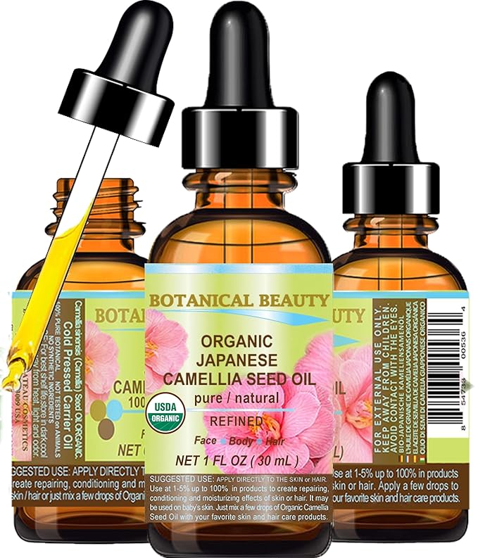 Botanical Beauty Japanese ORGANIC CAMELLIA Seed Oil. 100% Pure Natural Undiluted Refined Cold Pressed Carrier Oil to revitalize and rejuvenate the hair, skin and nails. 1 Fl. oz 30 ml