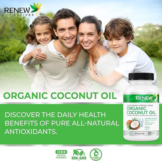 Renew Actives Coconut Oil Supplement 2000MG per 2 Softgels - Premium Source of Antioxidants, Natural Fatty Acids & Metabolism Support for Optimal Health & Energy - Made in Canada - 120 Softgels