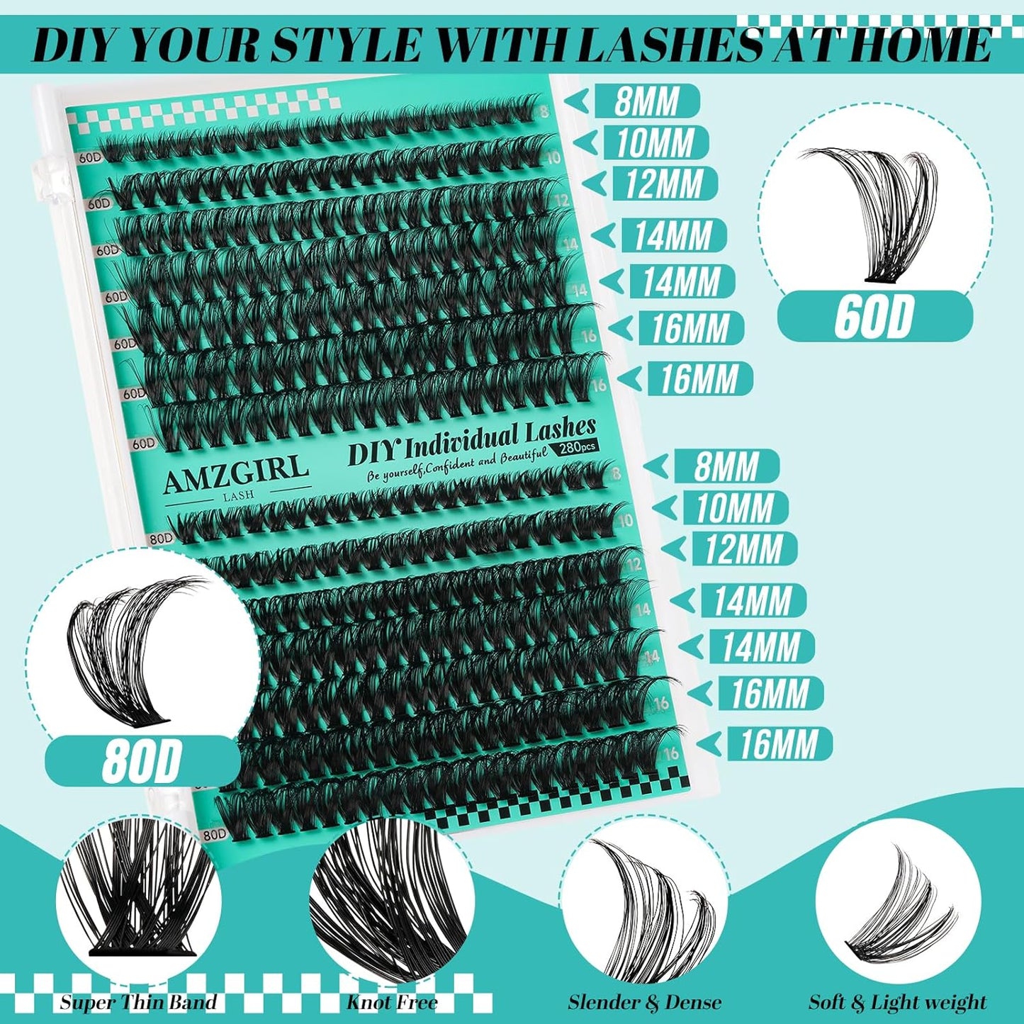 Lash Extension Kit 280Pcs,60D 80D Individual Lashes Clusters Kit,Lash Bond And Seal,Lash Remover For Eyelashes Extensions,Lash Applicator Tool For False Eyelash Cluster Kit At Home(D-Mix8-16mmKit)