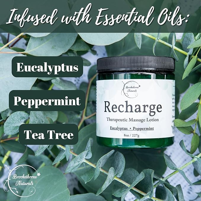 Recharge Massage Lotion for Massage Therapy & Home Use | Cream for Effortless Glide Massaging Body Lotion | Shea Butter, Coconut Oil, Eucalyptus, Peppermint Essential Oil - Brookethorne Naturals