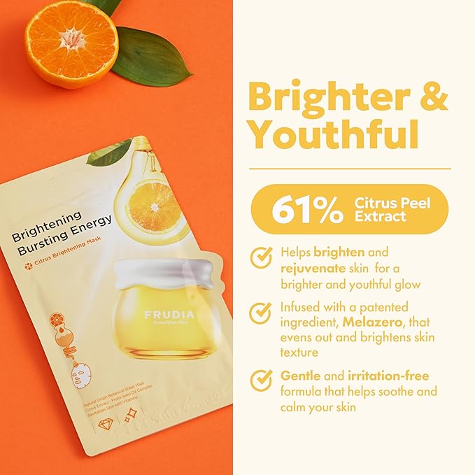 FRUDIA Citrus Clarifying Mask (10 Pack), Vitamin C Korean Face Mask with 46% Mandarin Peel Extract, Vegan Vitamin C & Mela-Zero for Brightening & Dark Spot Treatment