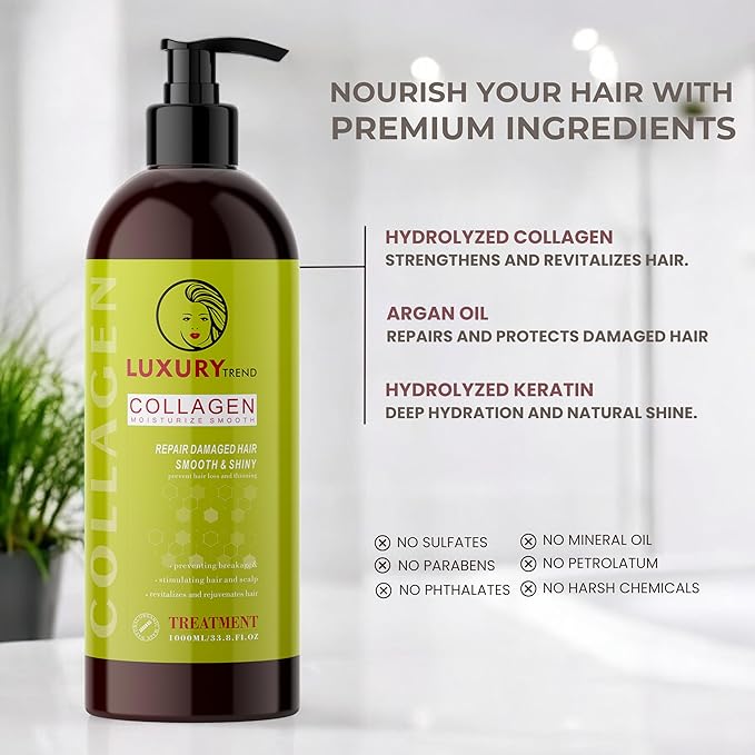 Collagen Hair Mask for Damaged Hair - Intense Hydration and Repair Formula, Boosts Growth and Thickness - Perfect for Both Curly and Dry Types, 33.8 oz