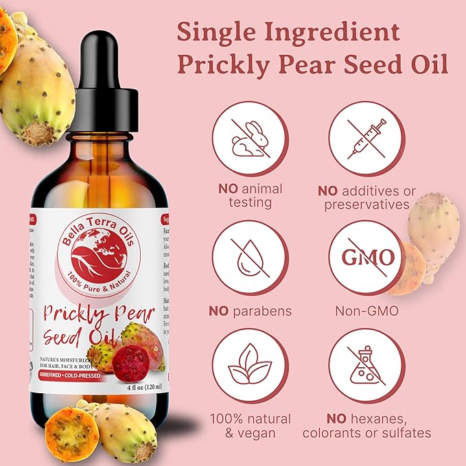 Bella Terra Oils - Prickly Pear Oil 16oz - Delve into the Cactus Oil Charm, Steeped in Calcium & Potassium, A Rare Gem for Timeless Beauty