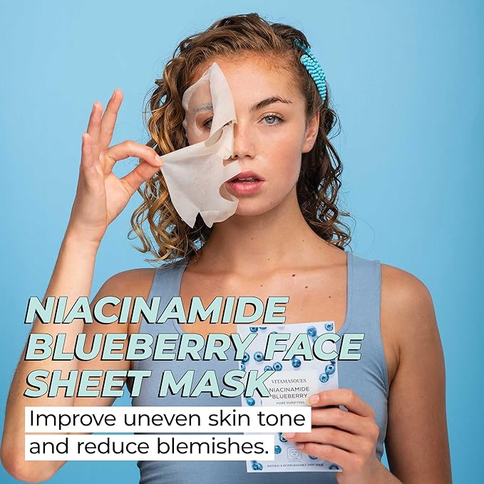 Vitamasques Niacinamide Blueberry Face Sheet Mask 7 Pack - Pore Purifying Korean Skin Care Sheet Face Mask Improves Uneven Skin Tone & Reduces Blemishes