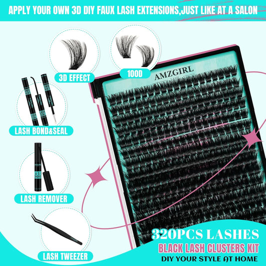 Lash Clusters Kit 320Pcs,100D DIY Individual Lashes Extension Kit,Lash Bond And Seal,Lash Remover For Eyelashes Extensions,Lash Applicator Tool For False Eyelash Cluster Kit At Home(D-Mix10-16mm)