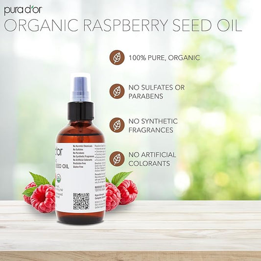 PURA D'OR 3.38 Oz ORGANIC Red Raspberry Seed Oil - 100% Pure USDA Certified, Cold Pressed Unrefined, Hexane-Free, Premium Grade - Sun Protection For Skin, Body & Hair