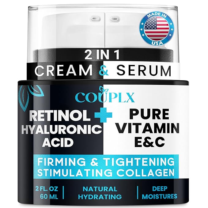 2-in-1 Collagen Booster, Retinol & Hyaluronic Acid Cream & Serum, Anti-Aging, Lifting Skin-Tightening Moisturizer for Men & Women, Neck and Décolleté, Made in USA Daily Moisturizer Face Cream, 2.0 oz