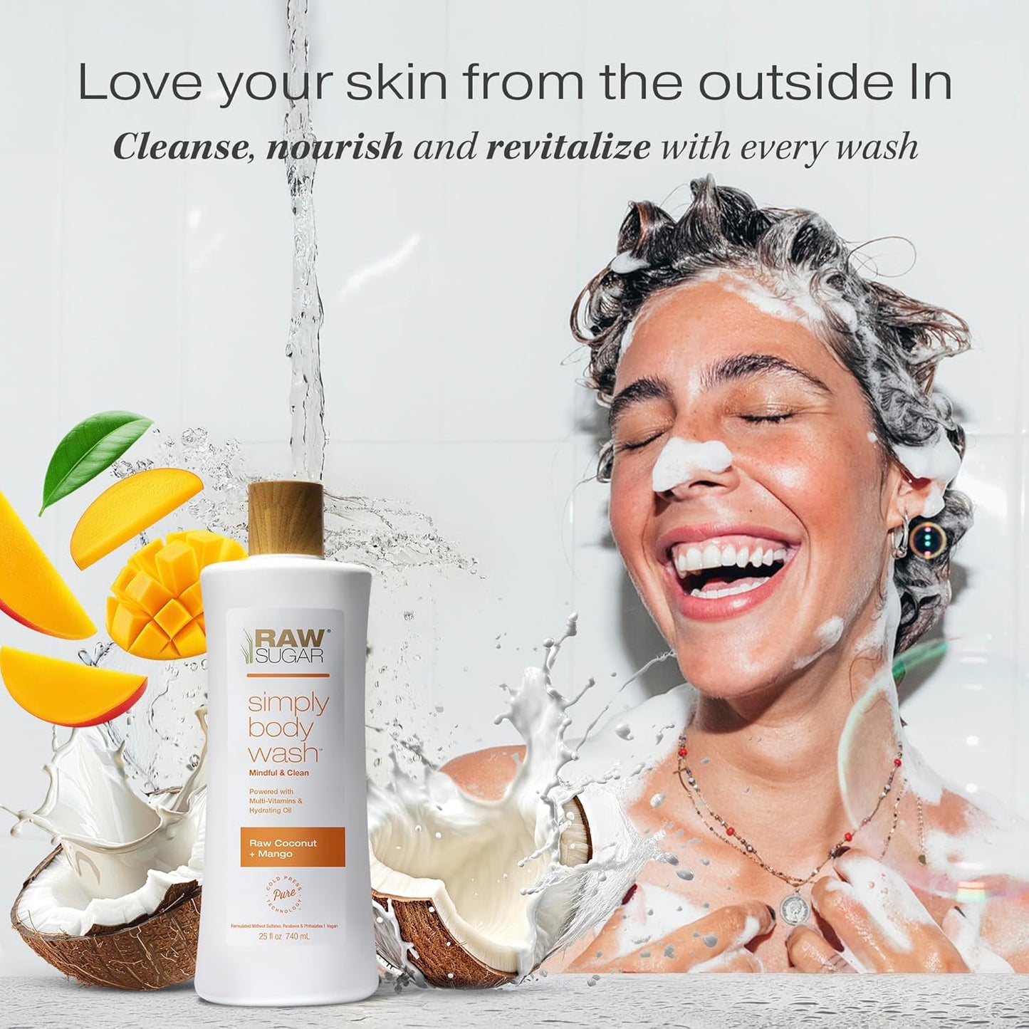 RAW SUGAR Simply Body Wash - Raw Coconut + Mango, Moisturizing & Soothing Bath & Shower Gel, Sulfate-Free, Paraben-Free & Vegan (Pack of 3)