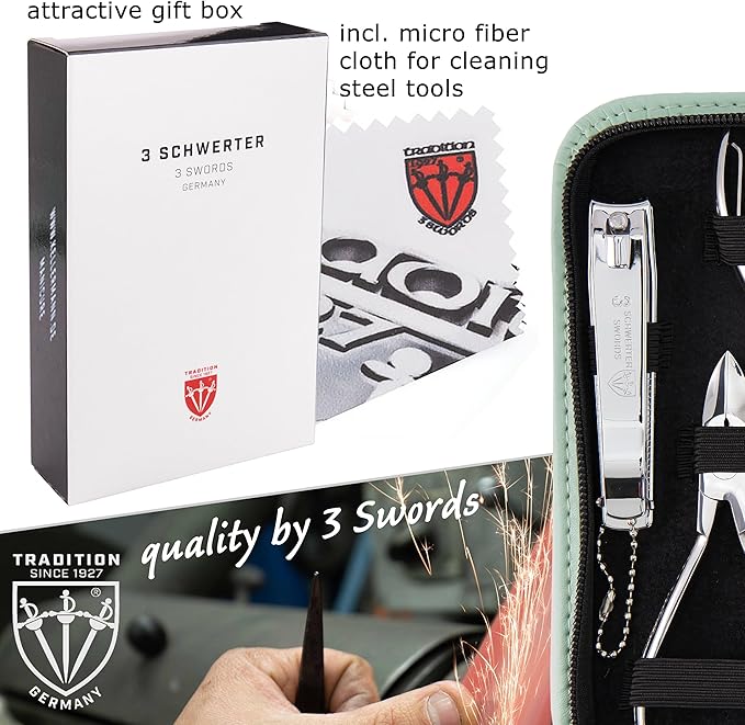 3 Swords Germany - brand quality 10 piece manicure pedicure grooming kit set for nail care scissors clipper mint synthetic leather case - Made by 3 Swords