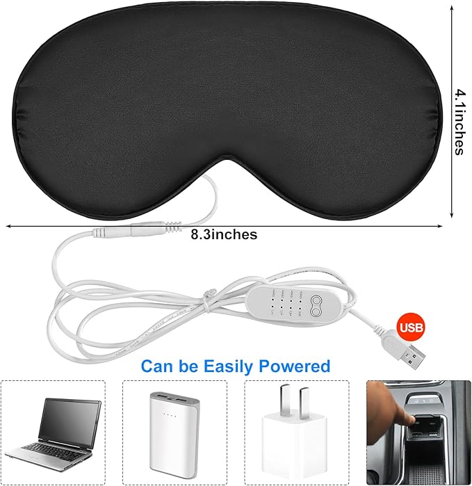 2 Pieces Silk Heated Eye Mask for Dry Eyes USB Steam Warm Compress for Puffy Eyes Adjustable Temp Sleep Eye Mask for Dry Eye, Chalazion, Blepharitis, Stye (Black, Grey)
