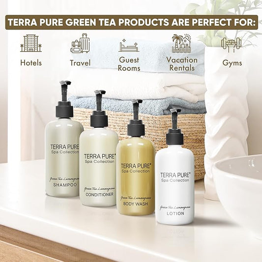 Terra Pure Spa Collection Amenities Set,10.14oz. Pumps (1 of Each) Shampoo, Conditioner, Hand/Body Wash, and Lotion