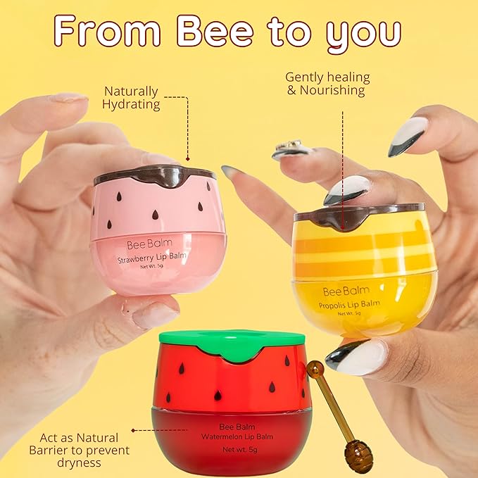 3 Pcs Original My Bee Balm Lip Balm – Hydrating Lip Care with Watermelon, Strawberry & Honey Pot – Moisturizing Balm for Dry, Chapped & Cracked Lips with Propolis, Honey & Vitamin E