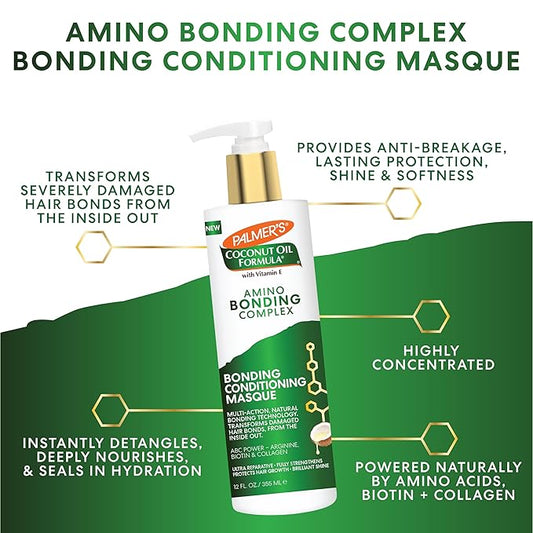 Palmer's Amino Bonding Complex Hair Mask, Intense Conditioning Masque Pack with Coconut Oil & Vitamin E, Heat Protectant, Anti Frizz, Adds Shine, Protects Hair Growth, All Hair Types, 12 fl. oz bottle