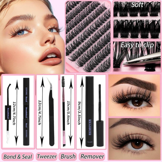 Lash Clusters Kit, Eyelash Clusters Individual Lash Extension Kit 480 Pcs D Curl Fluffy Wispy False Eyelashes Extensions Thin Band with Bond Seal Tweezers Brush Remover (50D+60D Kit 9-16mm)