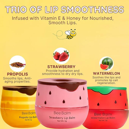3 Pcs Original My Bee Balm Lip Balm – Hydrating Lip Care with Watermelon, Strawberry & Honey Pot – Moisturizing Balm for Dry, Chapped & Cracked Lips with Propolis, Honey & Vitamin E