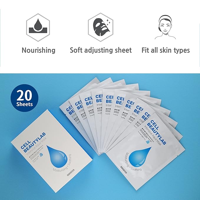 Intensive Aqua Mask 20 Pack｜Hydrating, Moisturizing and Soothing Face Sheet Mask for All Skin Types｜With Hyaluronic Acid, Panthenol, Shea Butter, Jojob Oil, Witch Hazel