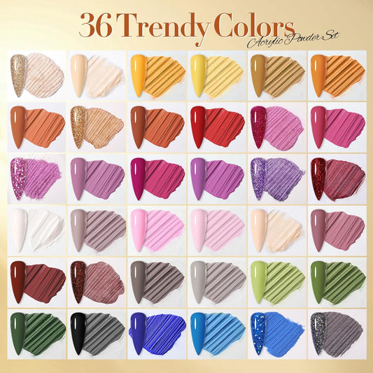 BORN PRETTY Acrylic Powder Set 36 Colors Fall Winter Acrylic Nail Powder Red Purple Green Blue Professional Polymer 3D Nail Art Kit for French Extension Carving Gift Set