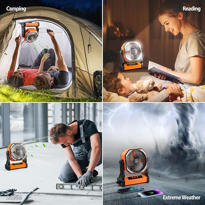 20000mAh Camping Fan, Rechargeable Portable Fan with 400 Lumes Light, 360° Rotatable Hook, 270° Pivot, 4 Speeds, 58Hrs Battery Powered for Tent Car Trip Outdoor BBQ Hurricane Power Outages