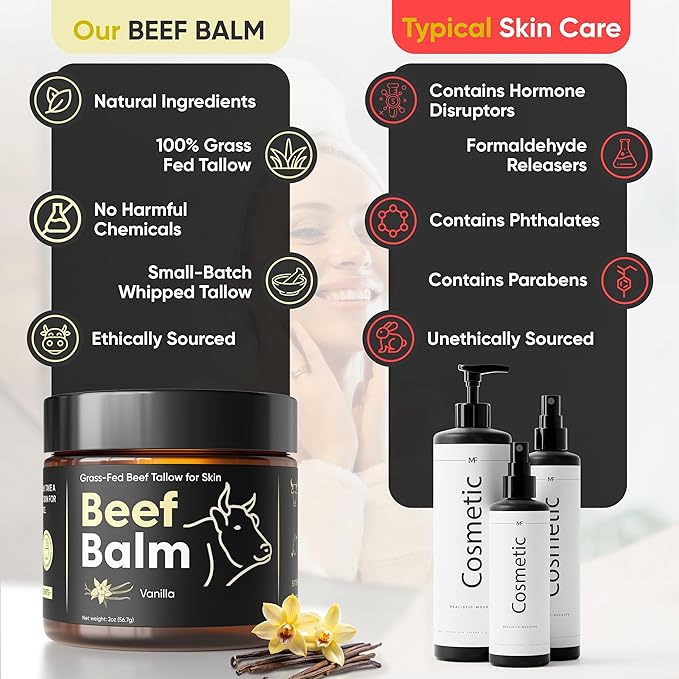 Beef Tallow Balm - Beef Tallow For Skin Care, Tallow Moisturizer, Face Cream, Lotion & Cream (Vanilla, Grass-Fed Tallow)