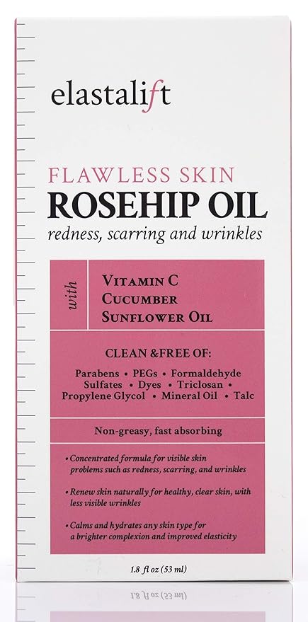 Elastalift Rosehip Oil for face with Vitamin C and Cucumber. Pure Rosehip face oil helps with Wrinkles, Scarring, and Redness for a brighter skin complexion. 1.8 Fl Oz (Pack of 2)