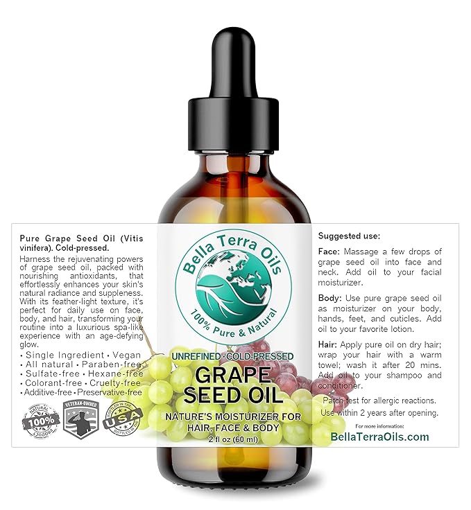 Bella Terra Oils - Organic Grape Seed Oil 2 oz - Cold-Pressed, Abundant in Vitamin E & C, Linoleic Acid, Omega-6 Fatty Acids, A Luxurious Elixir for Radiant Skin