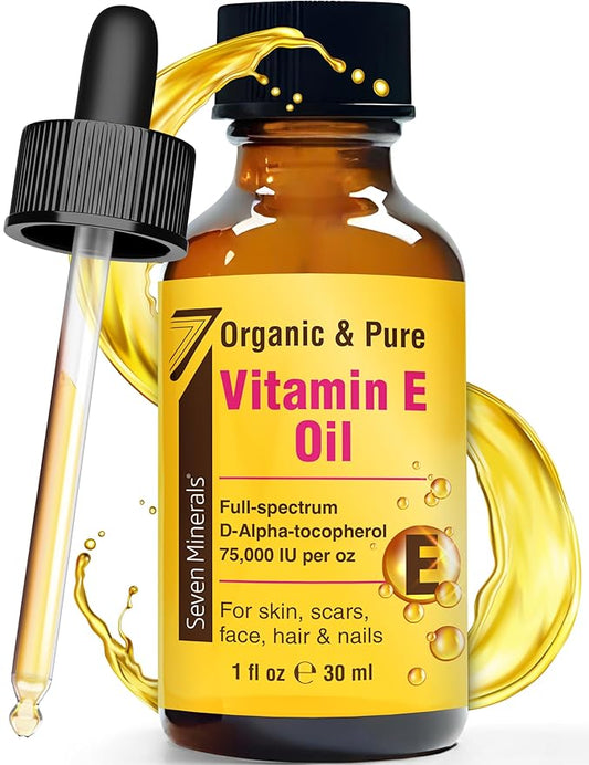 Seven Minerals New Ultra Pure Vitamin E Oil - 75,000 IU Full-Spectrum D-Alpha Tocopherol, 1 Fl Oz - 100% Organic Vitamin E Oil for Skin, Face, Hair, and Scars - Naturally Occurring = Not Synthetic